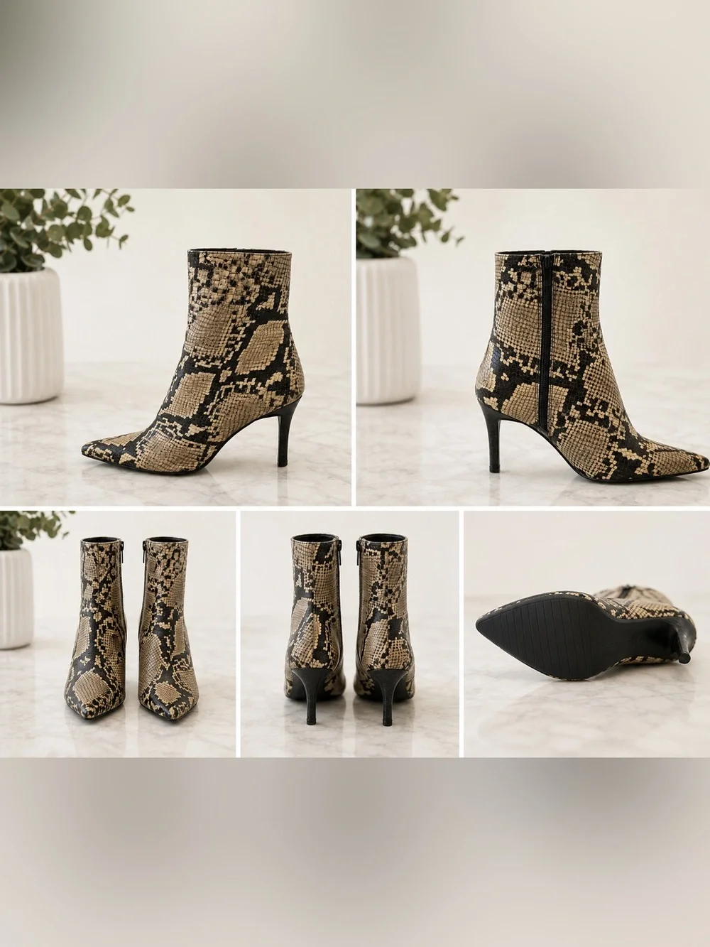 Stuart Weitzman Snake Print Leather Ankle Booties Pointed Toe Heels Women’s 7.5